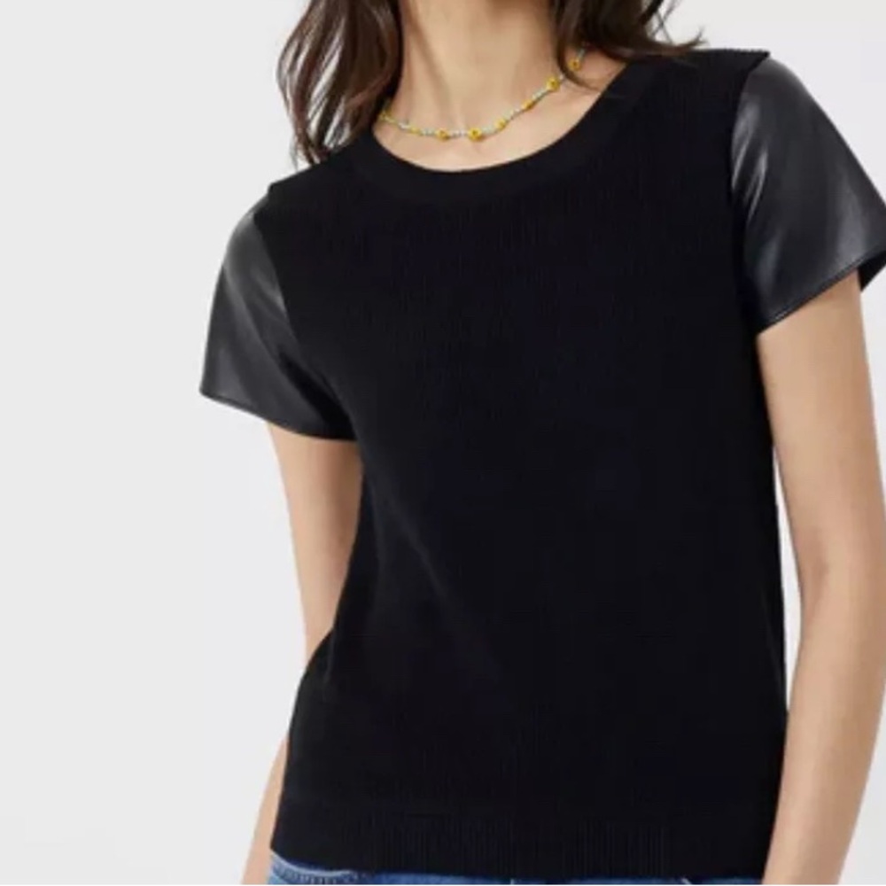 French Connection Black Knit & Faux Leather Sleeve Top- Size S - New Without Tag